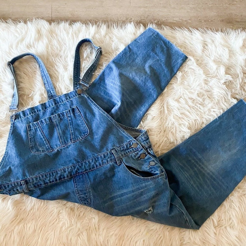 City Chic medium wash overalls denim distress size 22 cropped raw hem